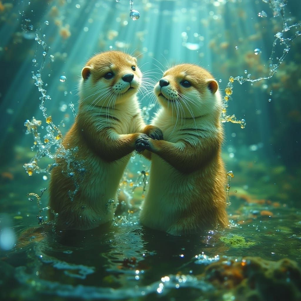 Playful Otters Underwater in Dreamy Fantasy Style