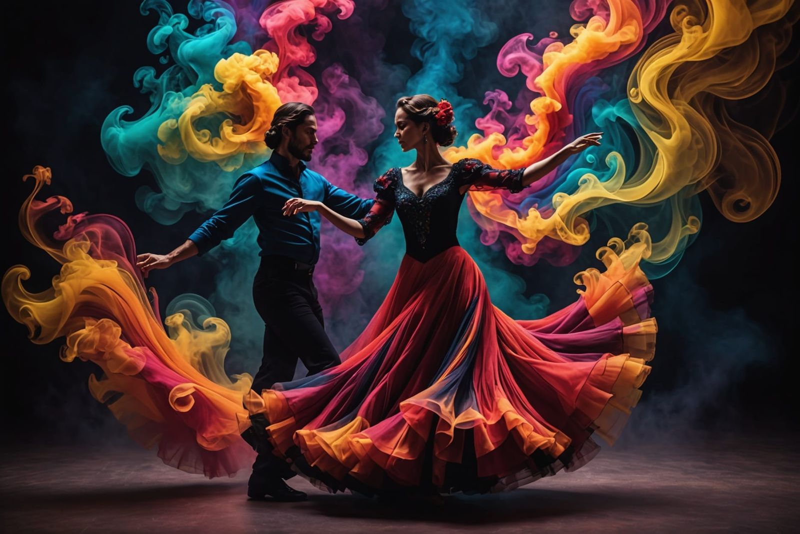 Fractal Flamenco Dancers in Multicolored Smoke