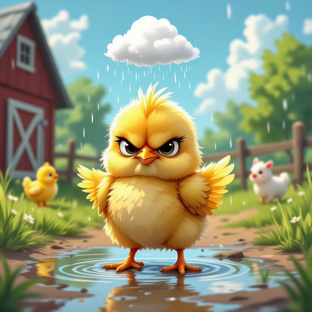 Grumpy Chick and Personal Raincloud in Cartoon Style