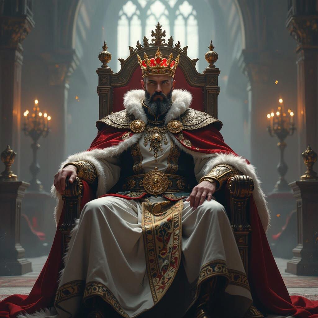 Regal King on Throne in Dimly Lit Castle Hall