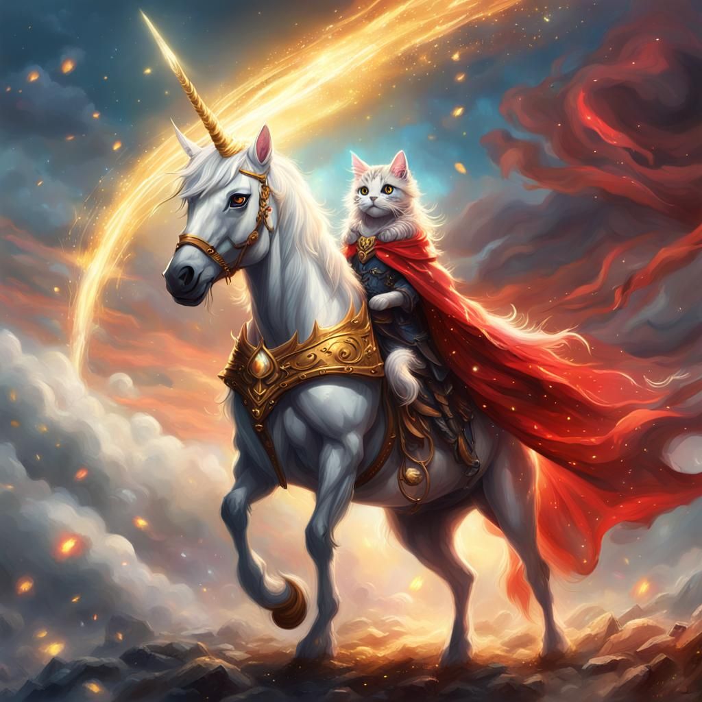 Fairy Kitty Rides Evil Unicorn: Fantasy Art
