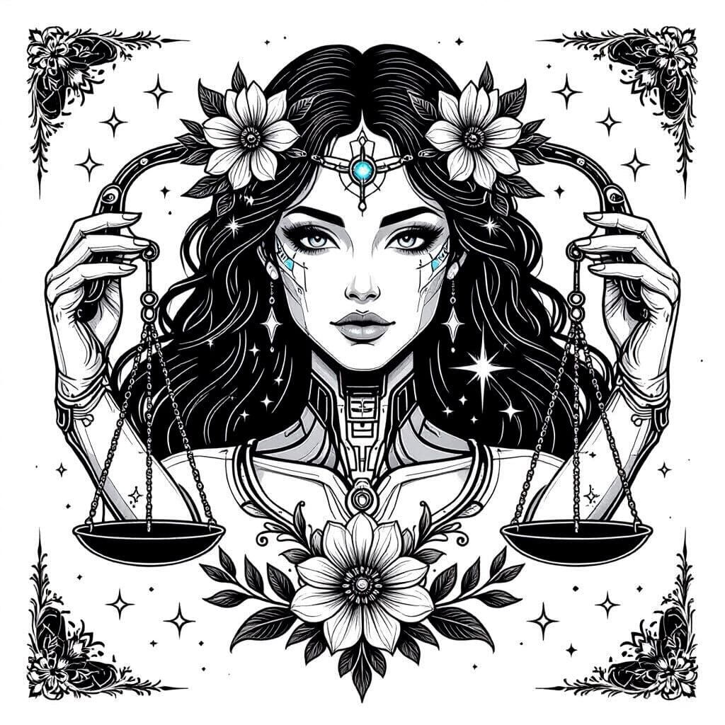 Cybernetic Woman and Nature Goddess with Scales in Linework