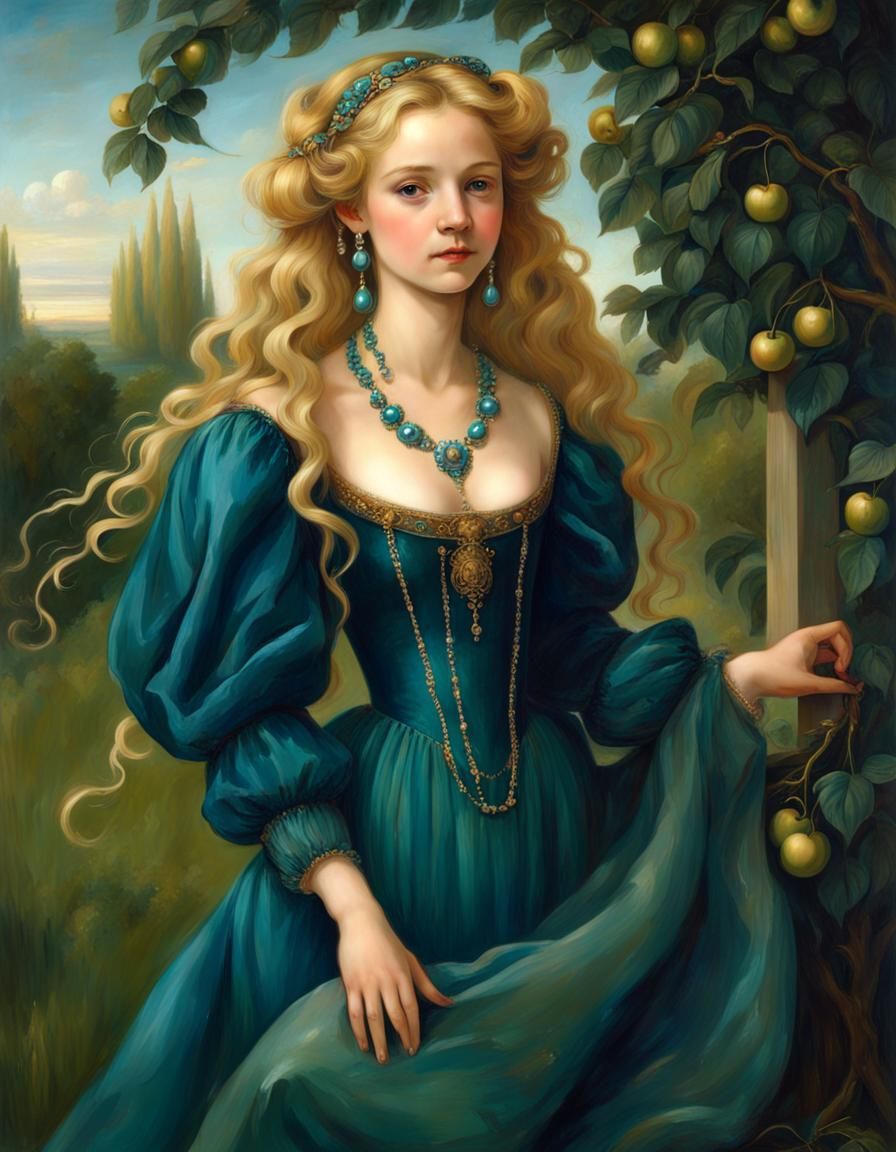 Renaissance Girl in Blue Silk Dress Painting