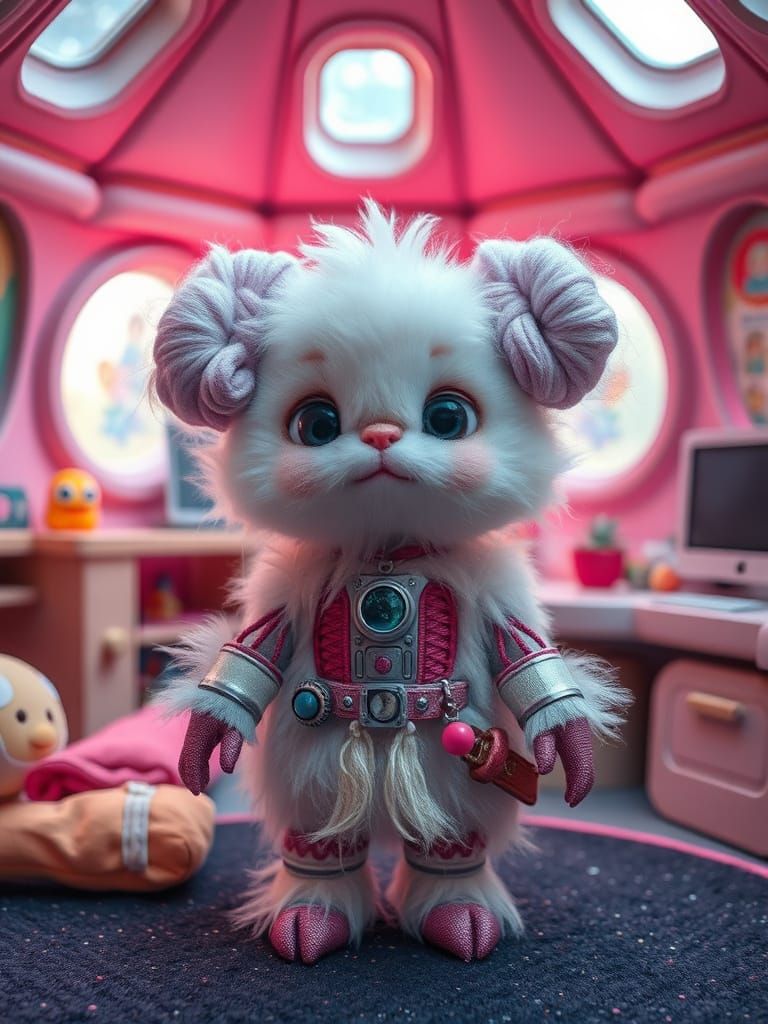 Frivolous Little Fluffy Person Wearing Sci-Fi Macrame Space-Buns & Sci-Fi Couture