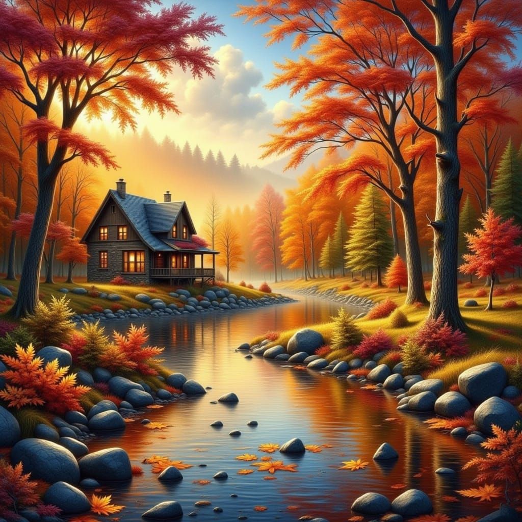 Cozy Autumn Cabin by River: Serene Landscape
