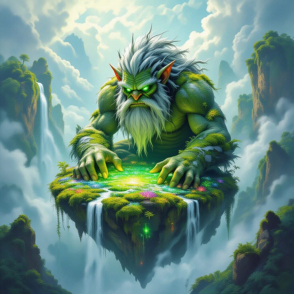 Ancient Troll Tends Bioluminescent Garden on Floating Island