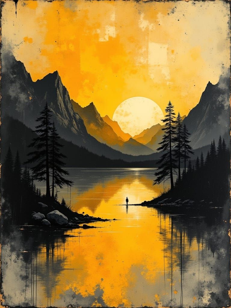 Whispering Sunset Landscape in Abstract Expressionist Style