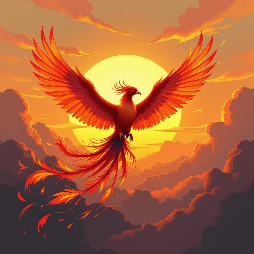 Vibrant Phoenix in Flight at Sunset