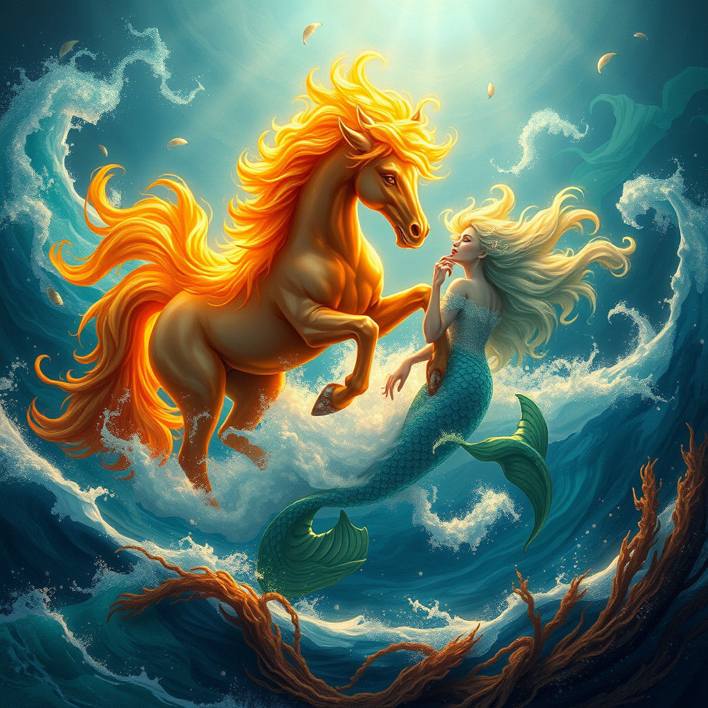 Fiery Horse and Mermaid Emerge from the Mystical Ocean