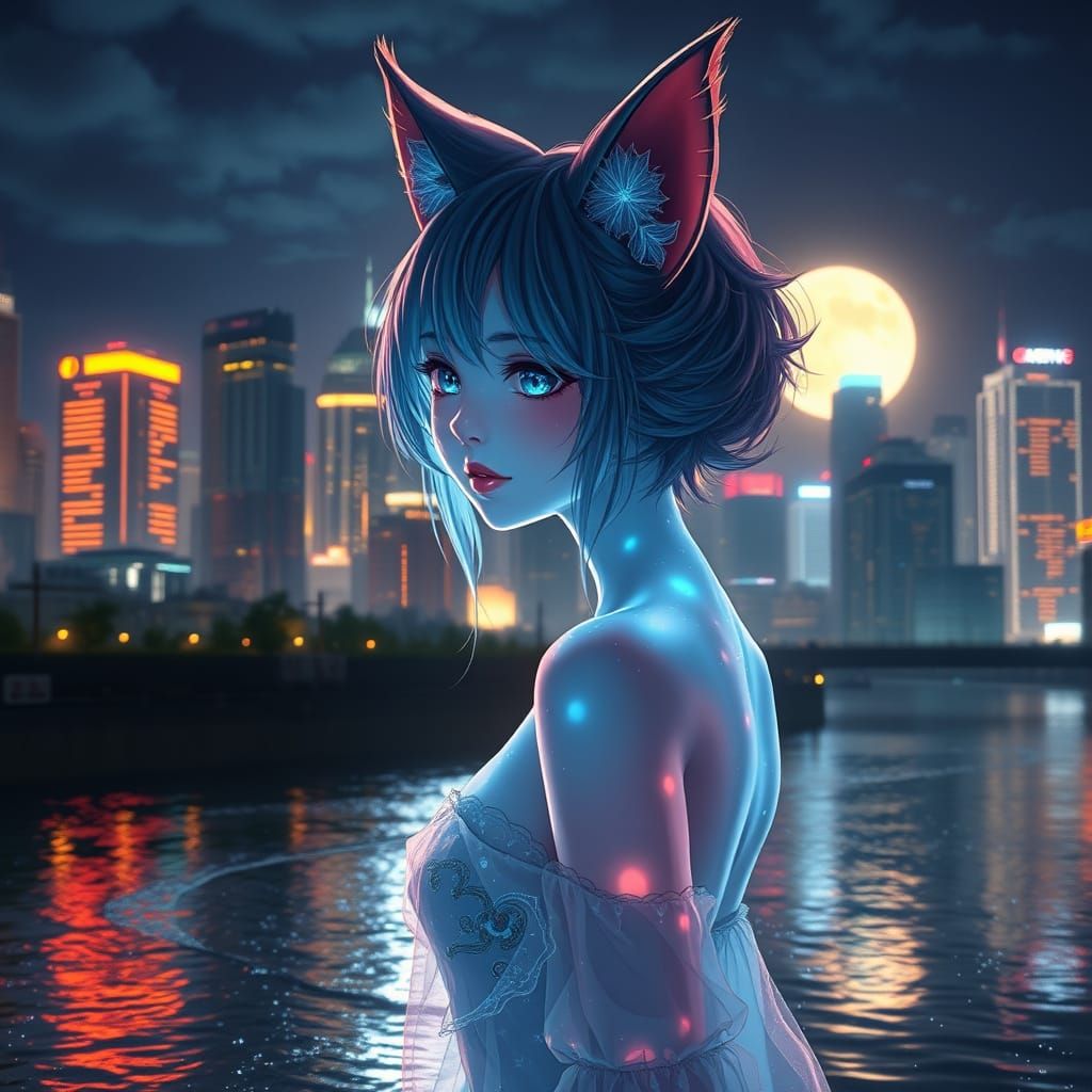 Ethereal Nighttime Cityscape Spirit in Fiery Blue and Cat Ea...