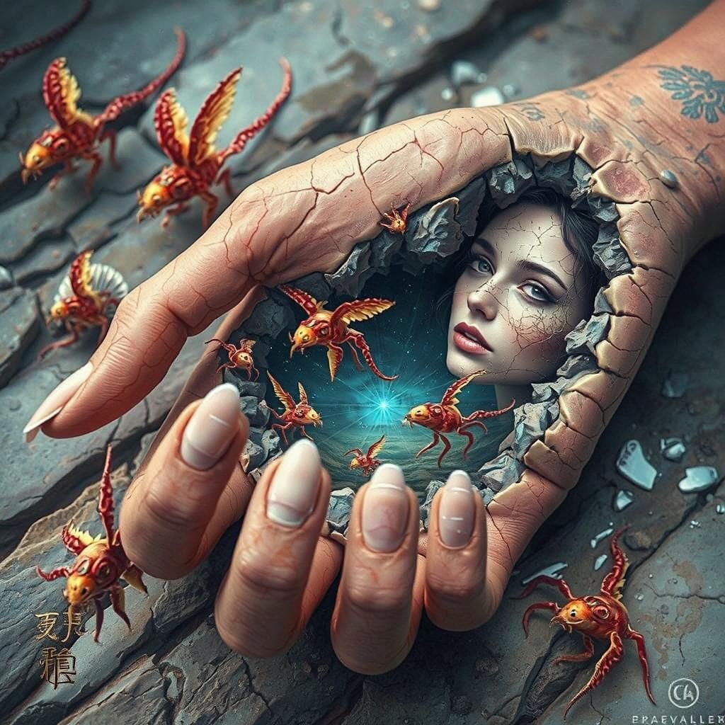 Surreal Lady Face in Cracked Hand
