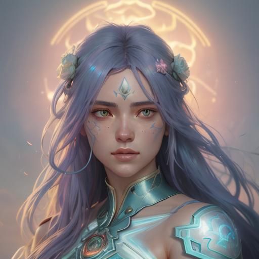 Luminous Celestial Warrior Portrait in Pastel Colors