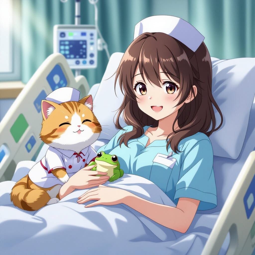 Anime Woman Smiles With Cat Nurse And Frog