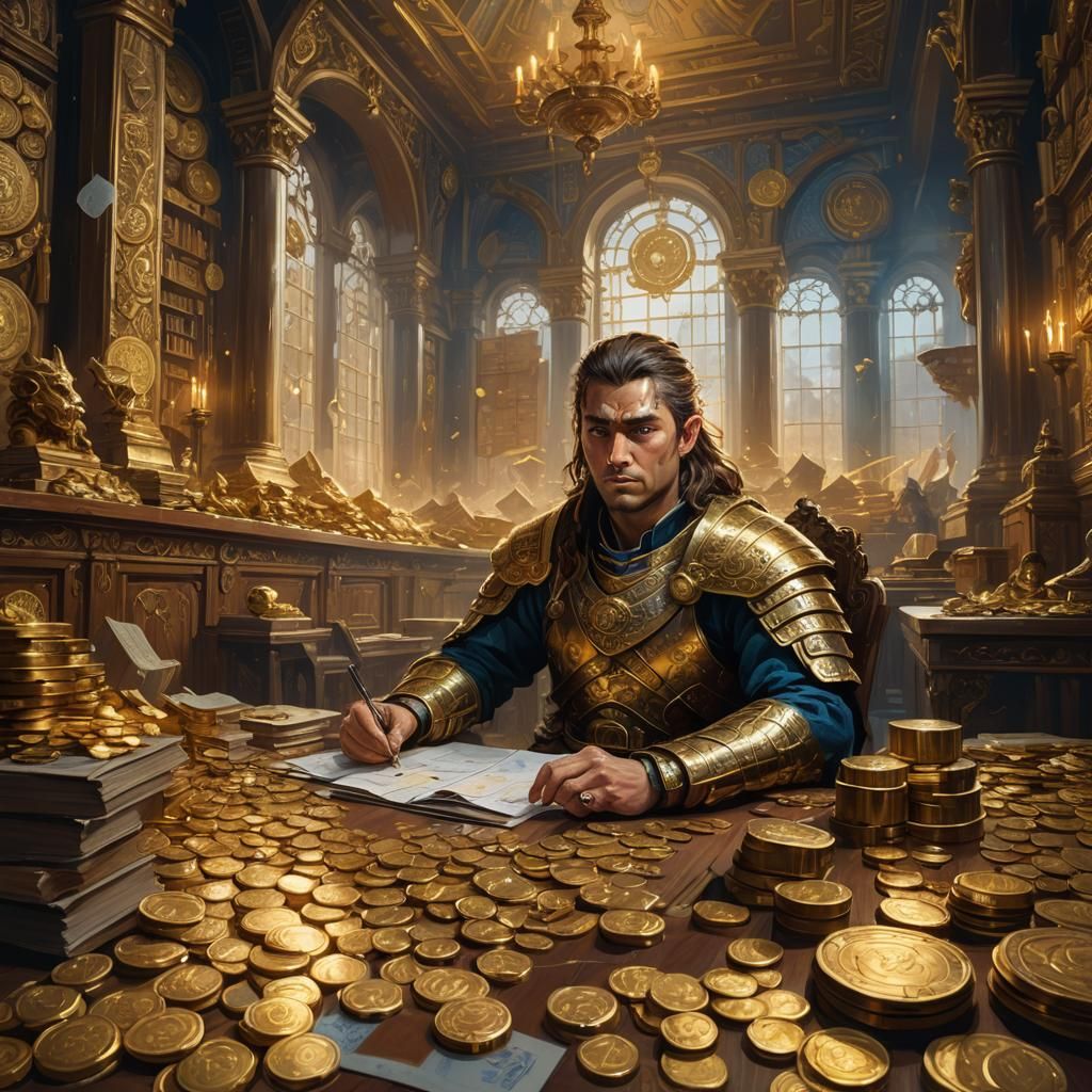 Worried Warrior Calculates Debt in Ornate Chamber