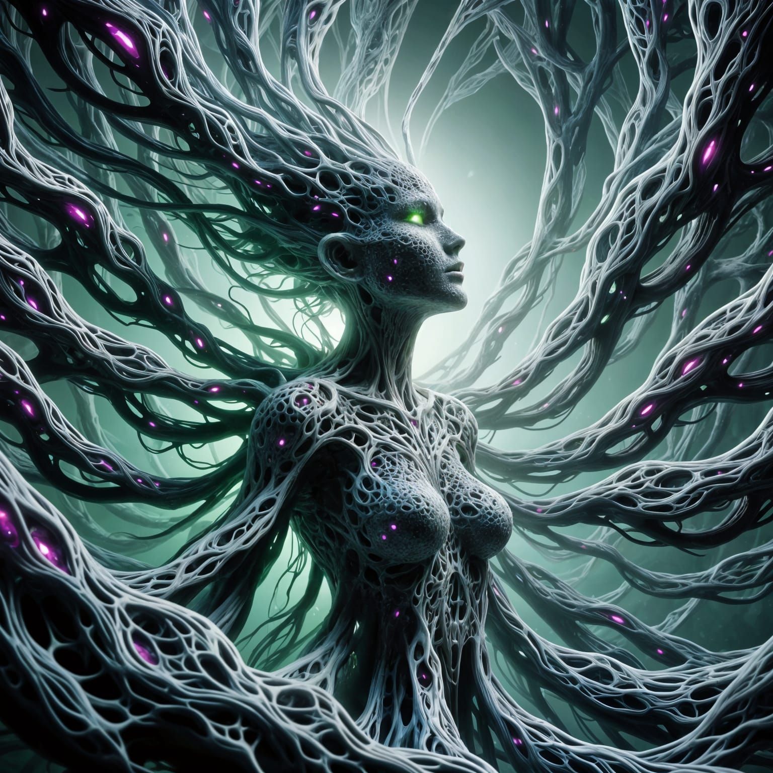 Ferrofluid Alien Goddess in Vibrant, Glowing Tendrils