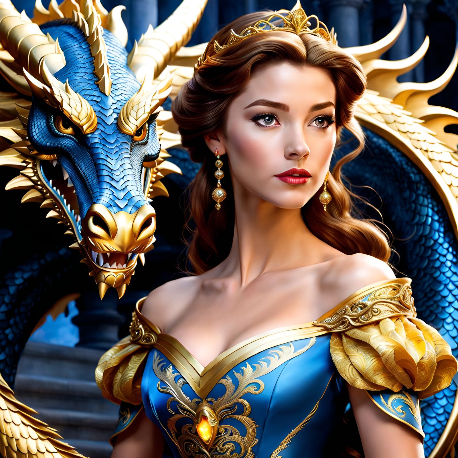 Princess Belle in Dragon Dress: Golden Age Illustration