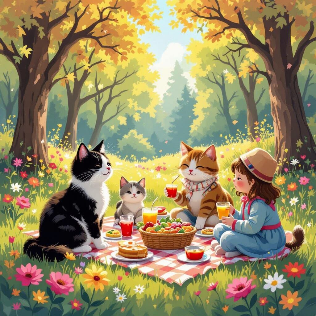 Cat's Picnic in Park, Whimsical Art Style