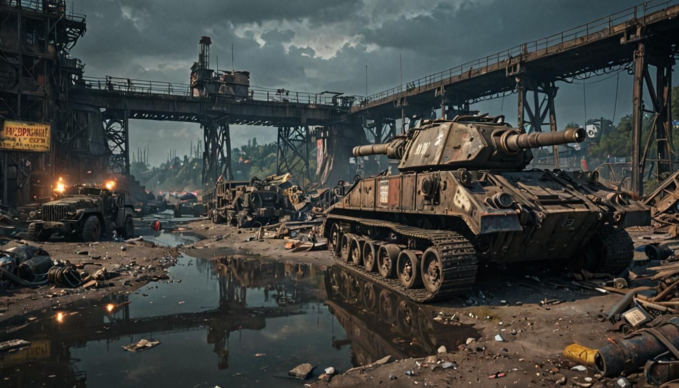 Dieselpunk Artillery Gun on Ruined Bridge