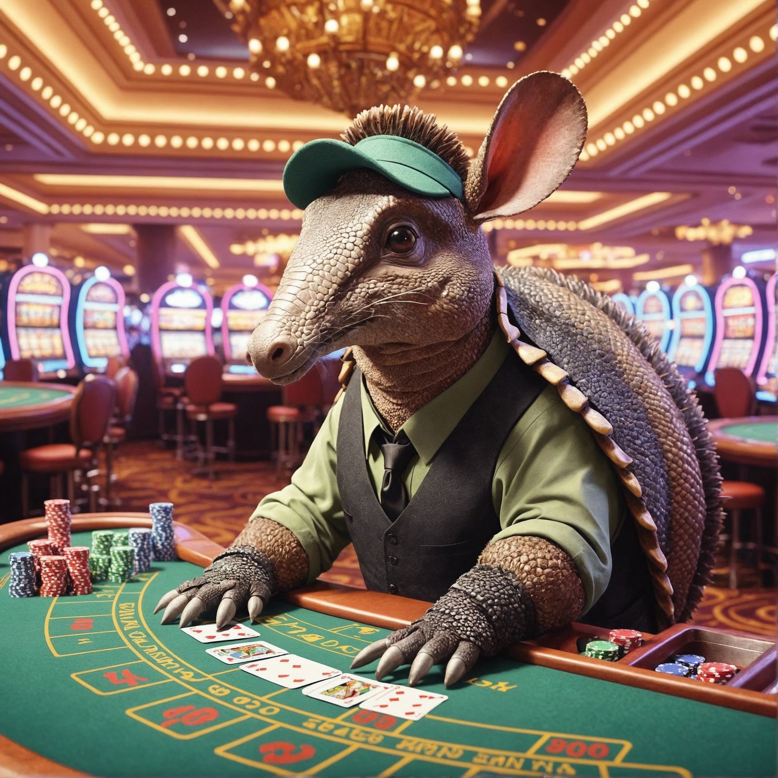 Animated Armadillo Dealer in Opulent Casino