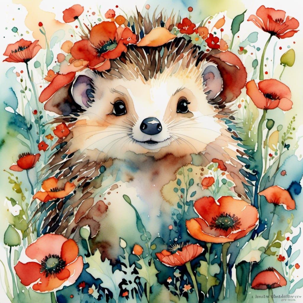 Whimsical Chibi Hedgehog in Poppies Watercolor