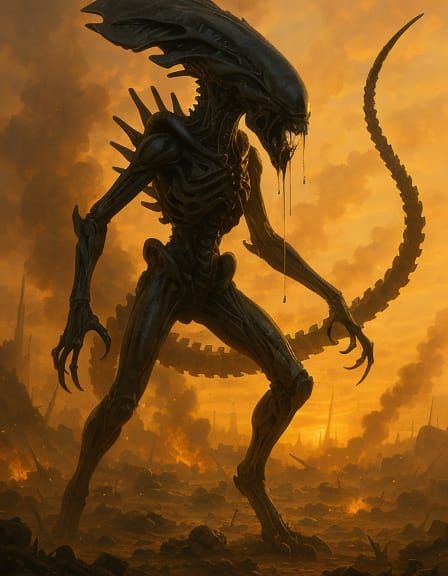 Biomechanical Alien Queen Triumphant on Golden Battlefield