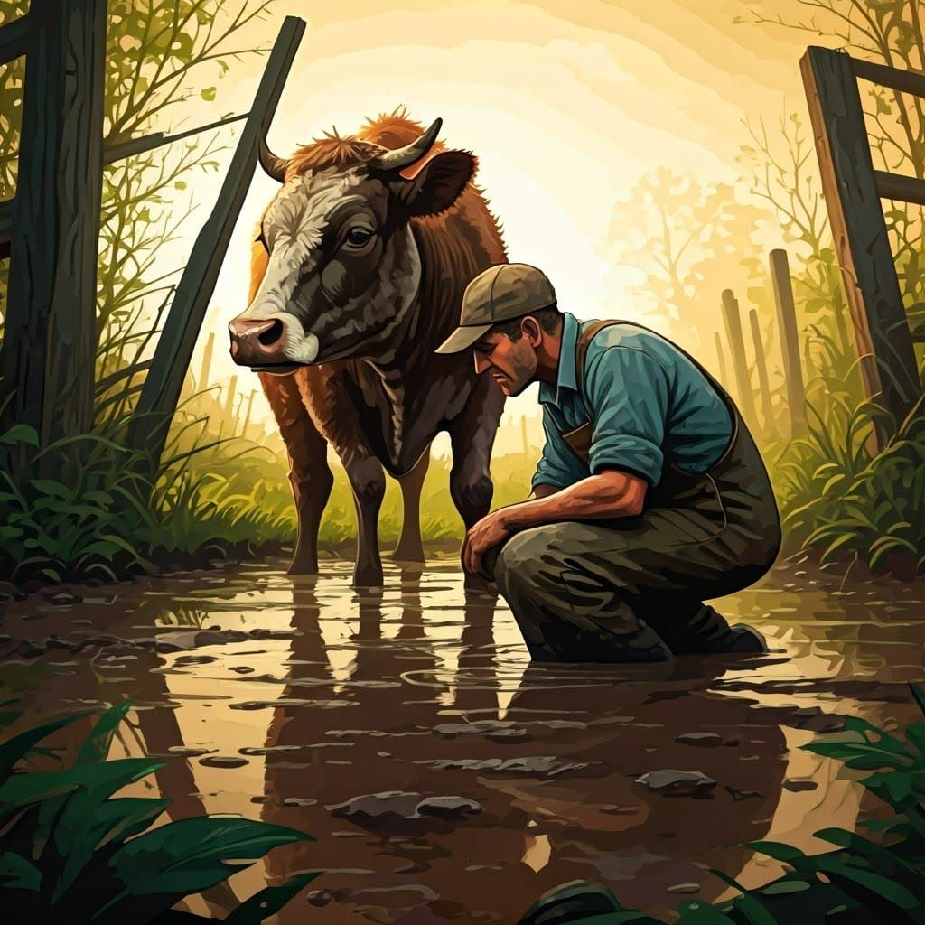 Muddy Farmer Heroically Looks on as Beset Cow in Murky Field