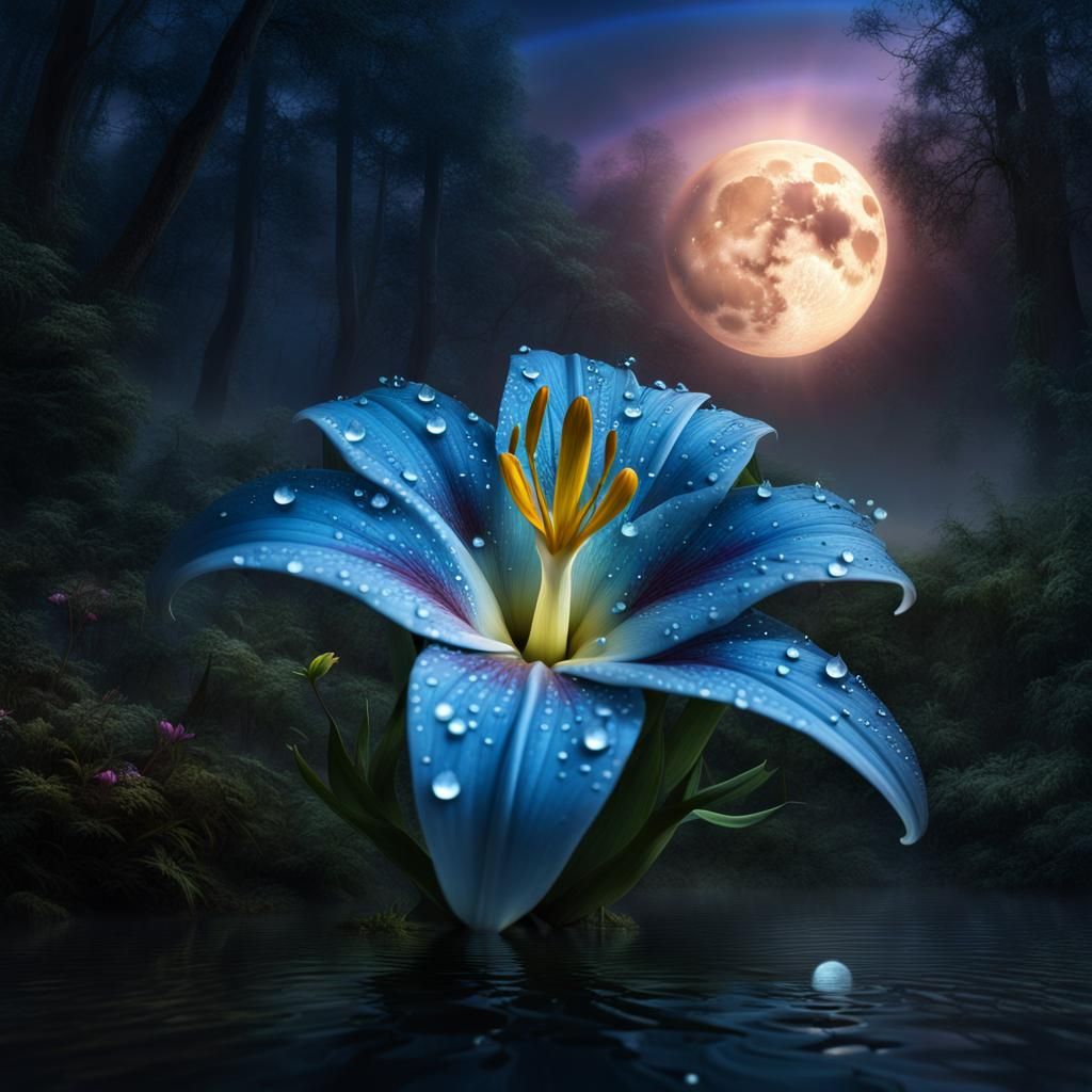 Blue Lily at Night with Rainbow Corona