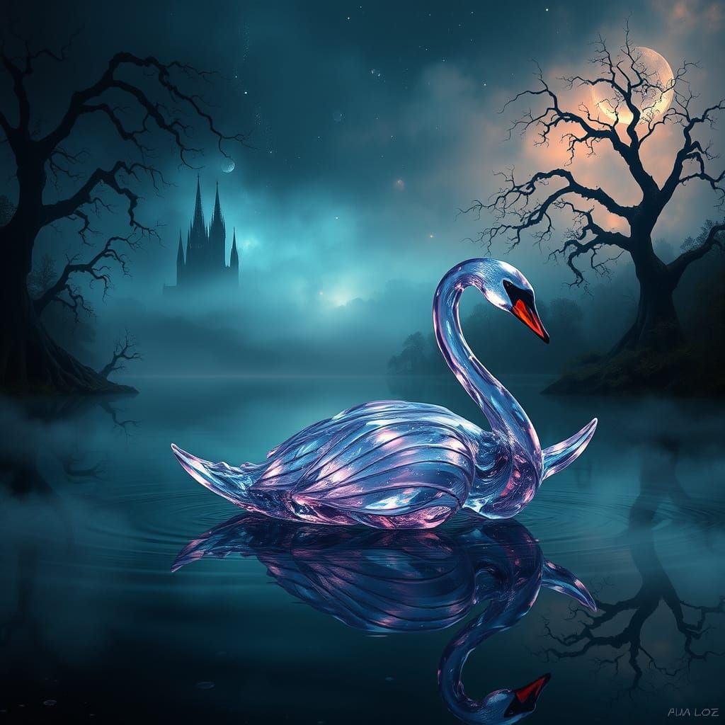 Luminous Glass Swan on Mystical Lake