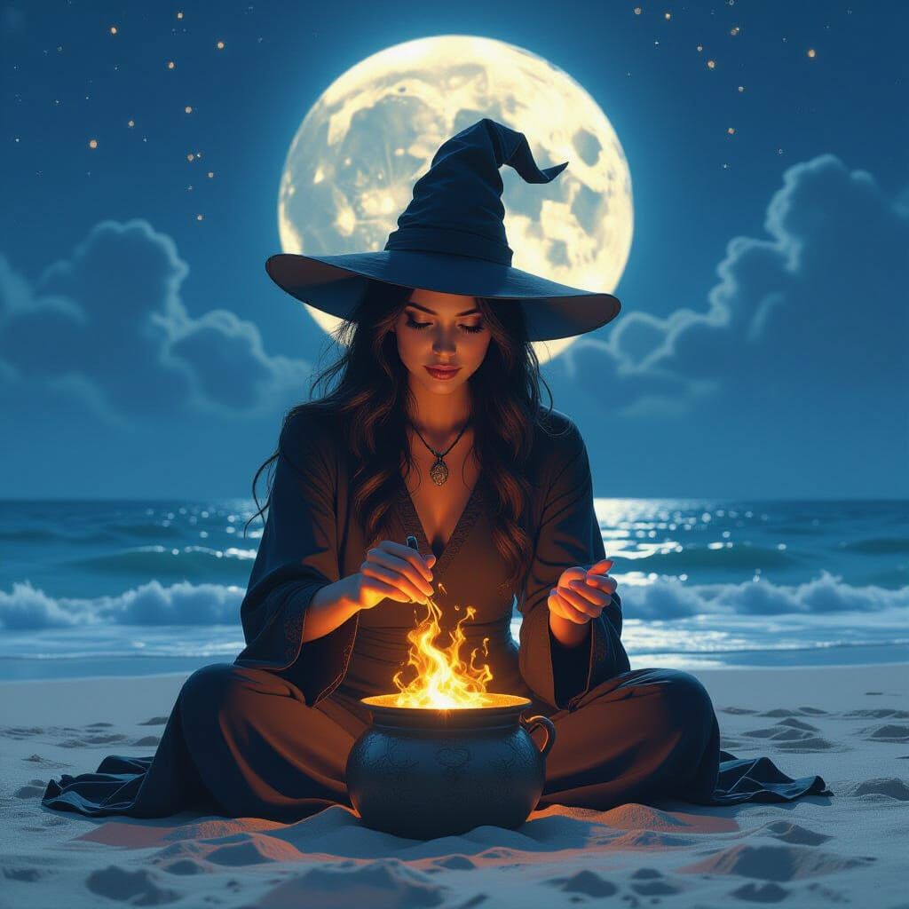 Witch Brewing Rainbow Potion Under Full Moon on Beach