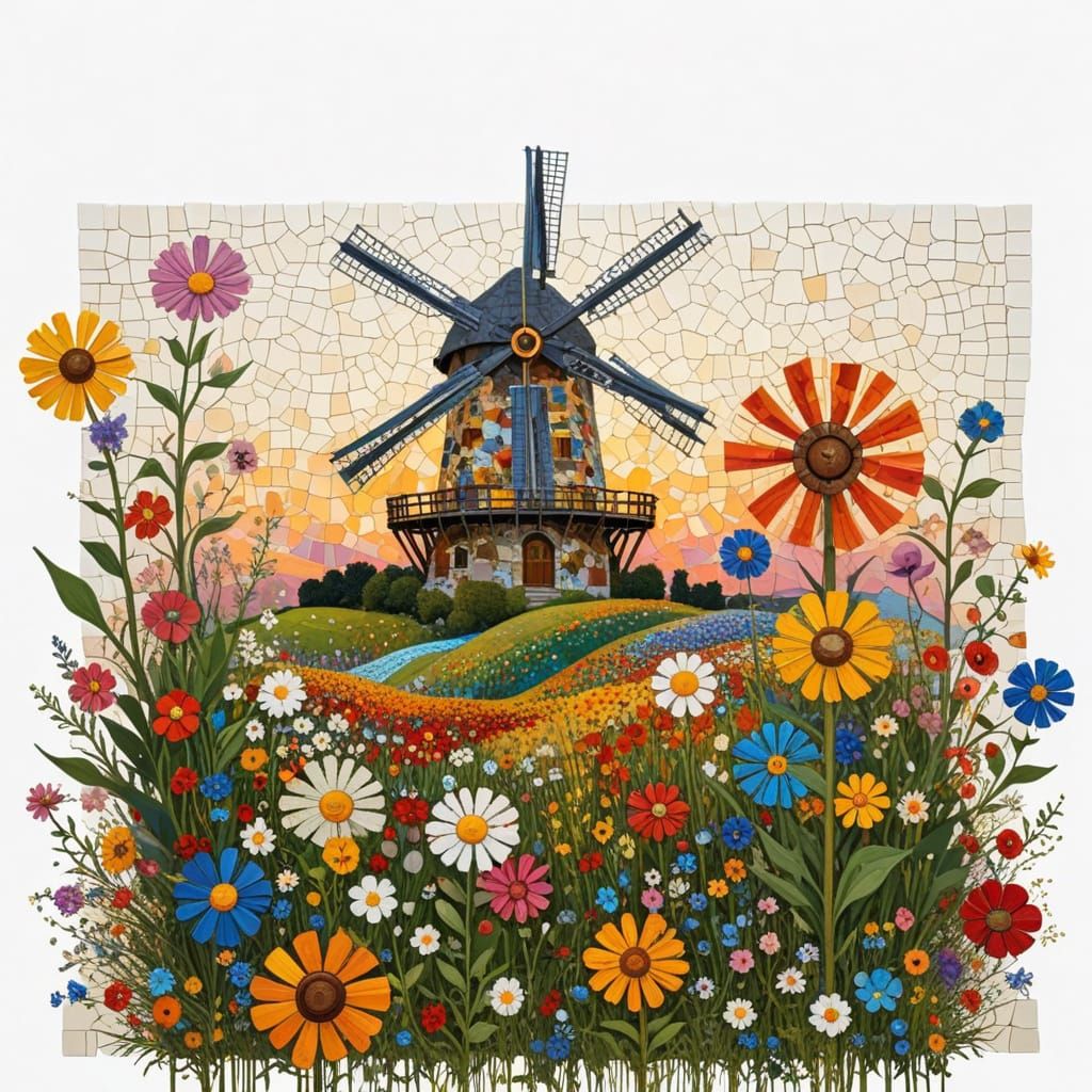 Summerscape Meadow Sunset with Mosaic Collage Background