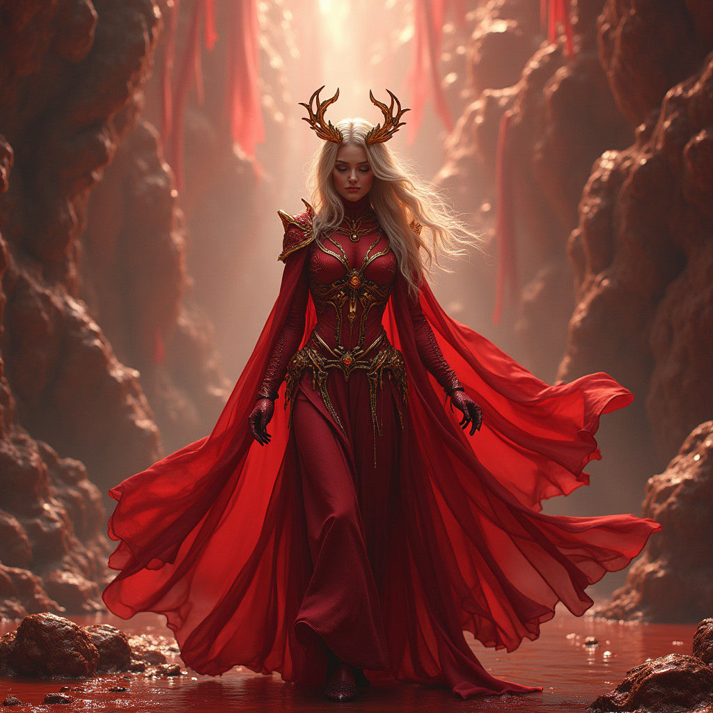 Mystical Scarlet Sorceress in Liquid Metallic Realm