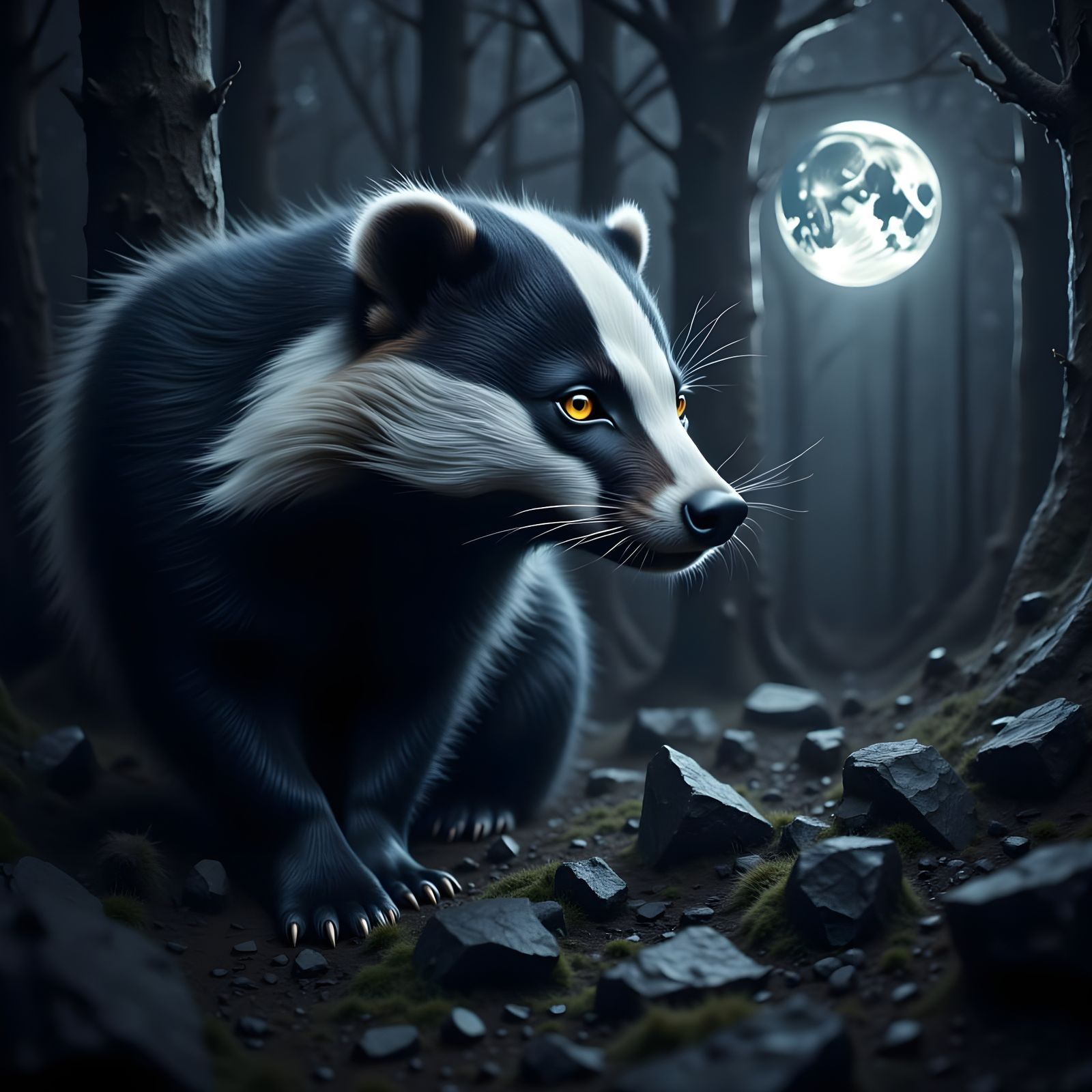 Badger Gazing at Cosmic Skies in Dark Fantasy