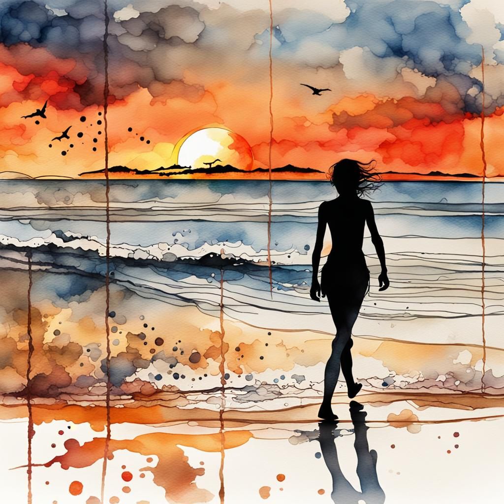 Bikini Silhouette on Beach in Watercolor Ink Sketch