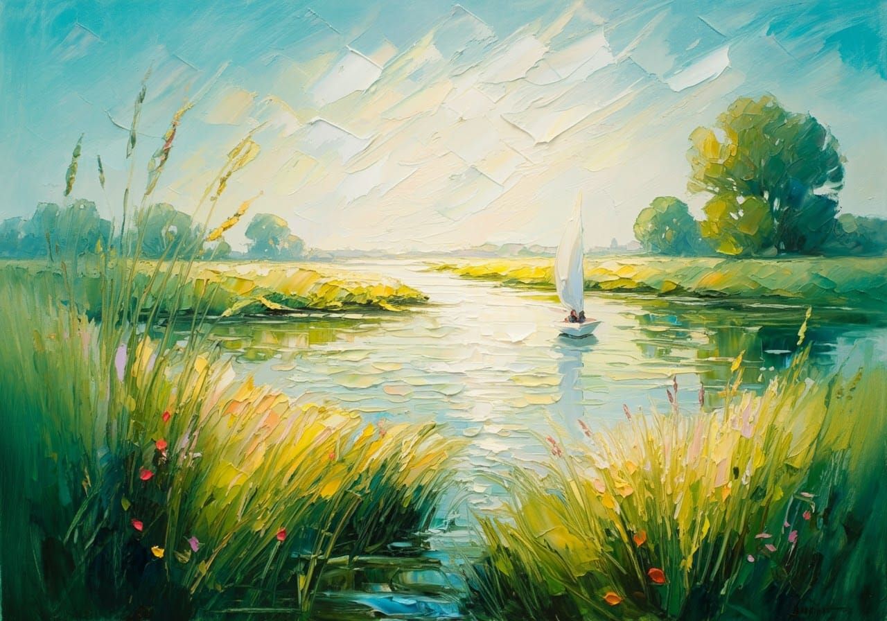 Impressionist River Meadow with Sailboat in Pastel Hues
