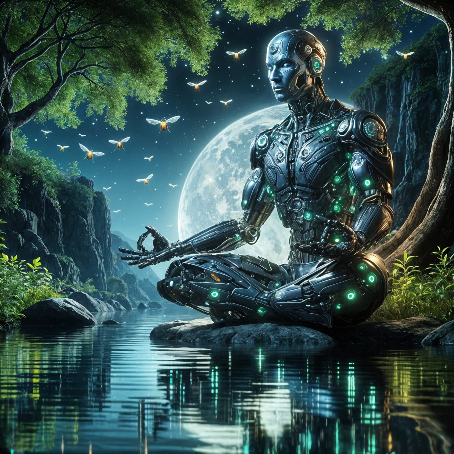 Cyborg Ninja Meditating by River at Night