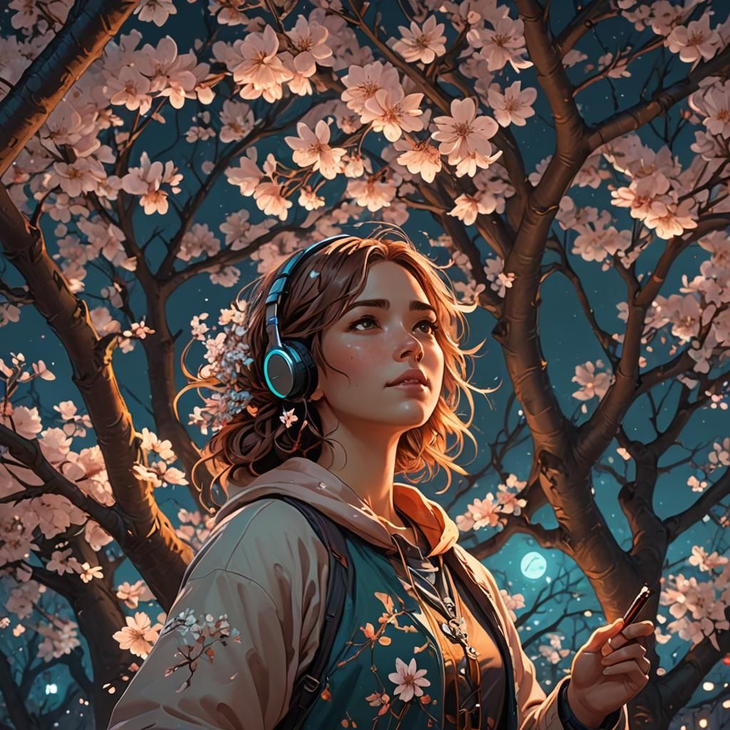 Teenage Girl Singing in Cherry Blossom Tree, Art Nouveau