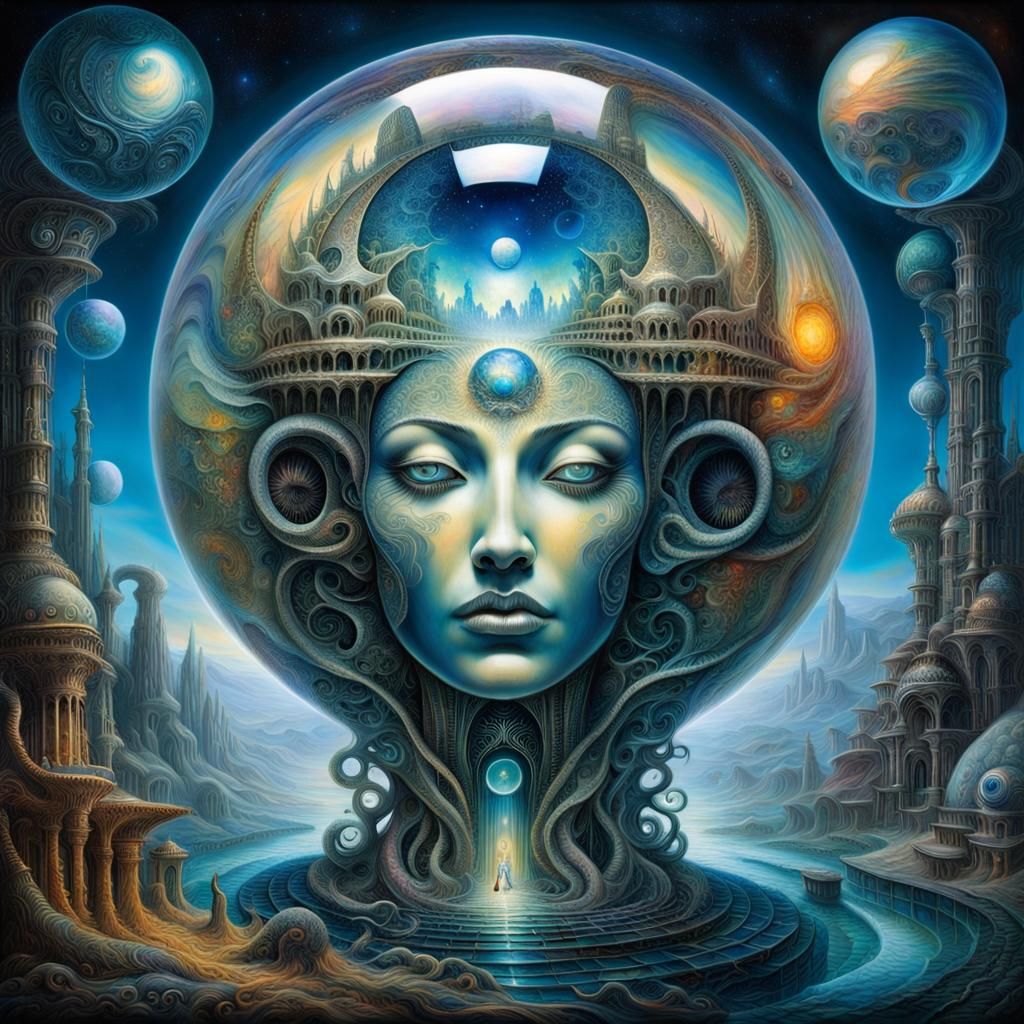 Surreal Artist Encased in Dreamlike Sphere