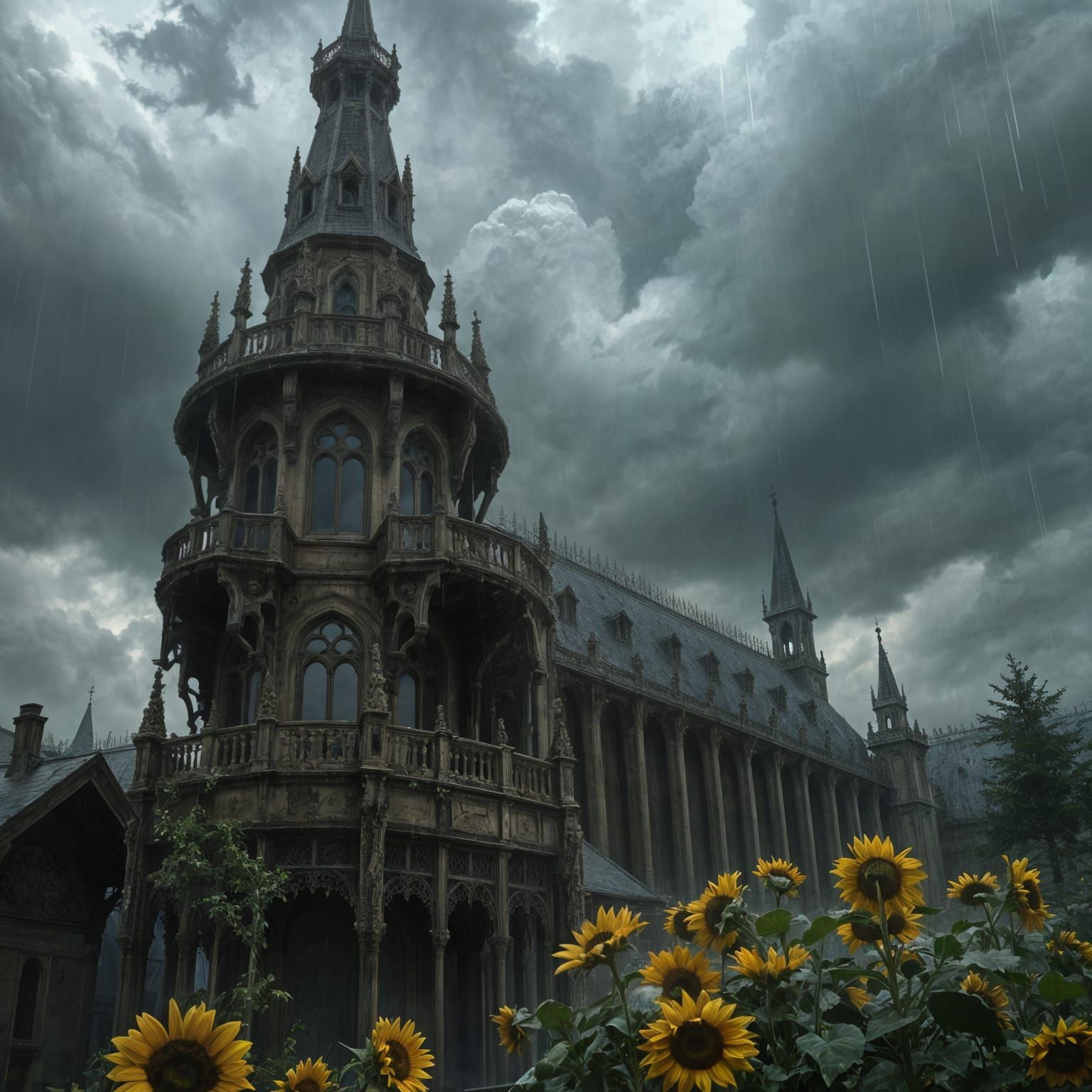 Gloomy Gothic Architecture in the Rain