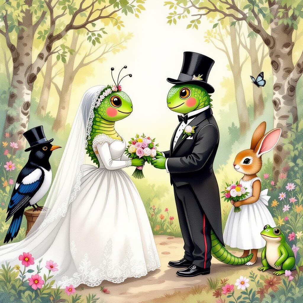 Caterpillar Wedding in Whimsical Forest, Watercolor Style