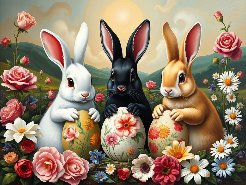 Bunny Buddies Painting Easter Eggs in Renaissance Landscape