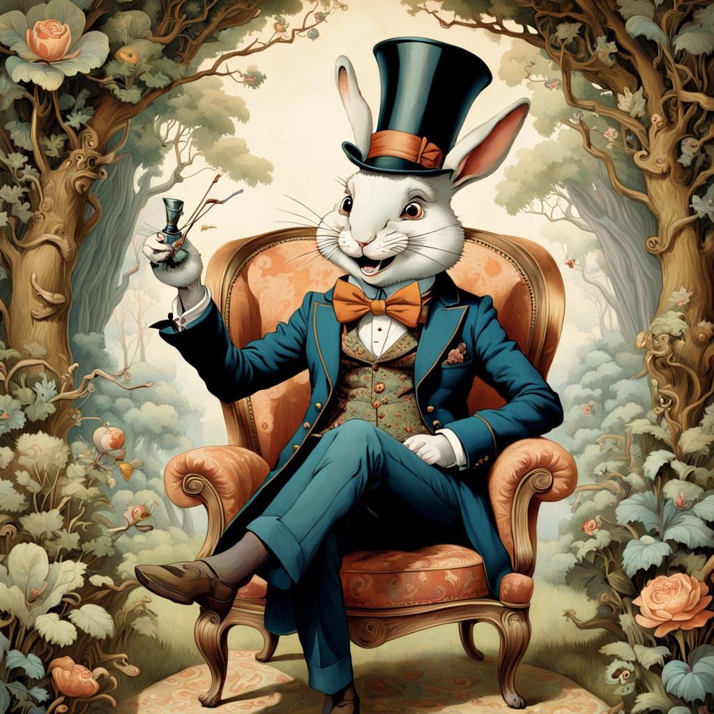 Rabbit Magician Pulls Man from Hat in Whimsical Style