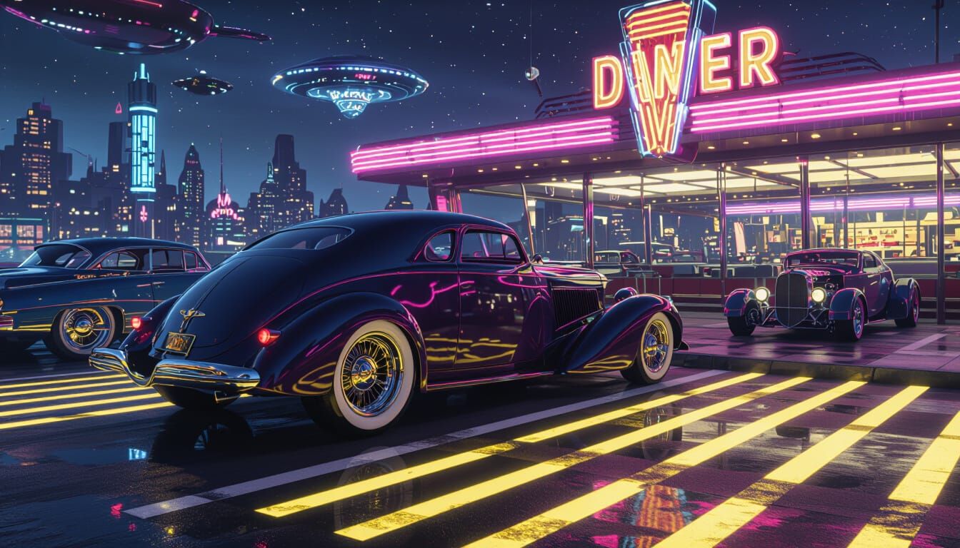 Retro Futuristic Hotrod in Alien City, Dark Fantasy Art