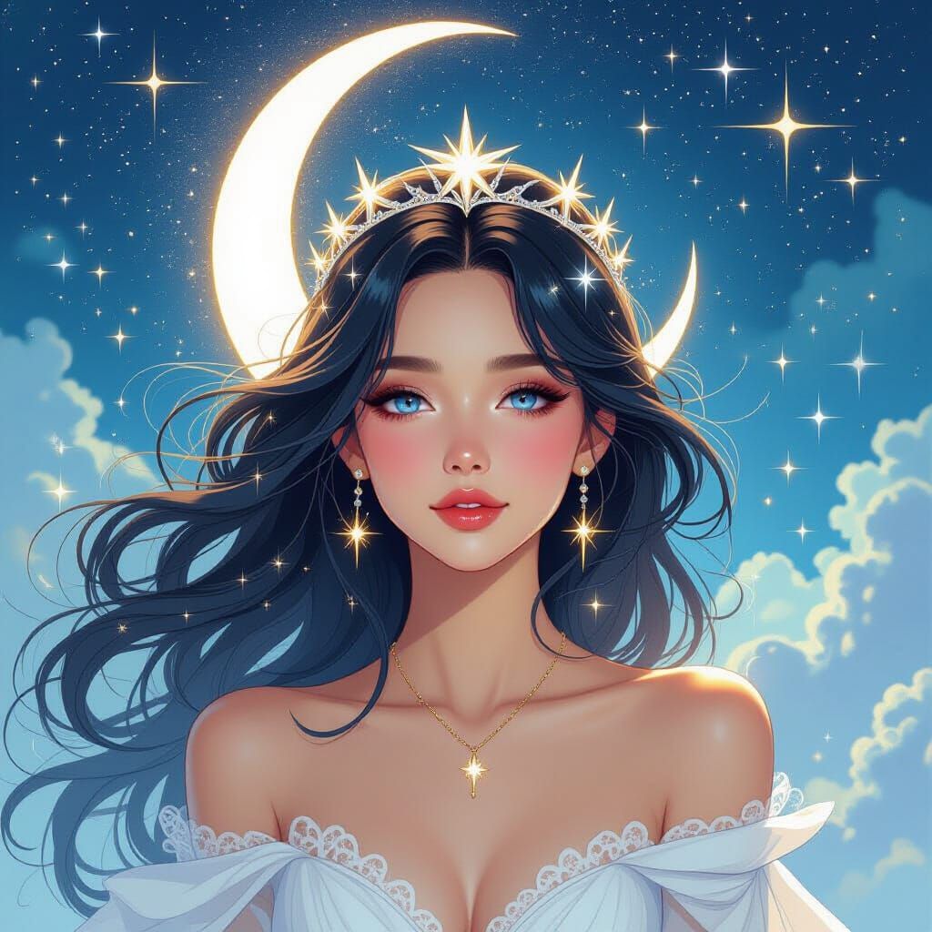 Divine Woman with Cosmic Hair in Dreamlike Manga Style