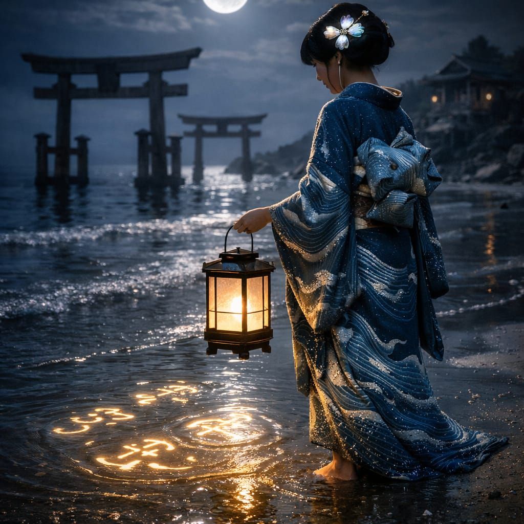 Geisha by Moonlit Shrine in Ocean Ritual