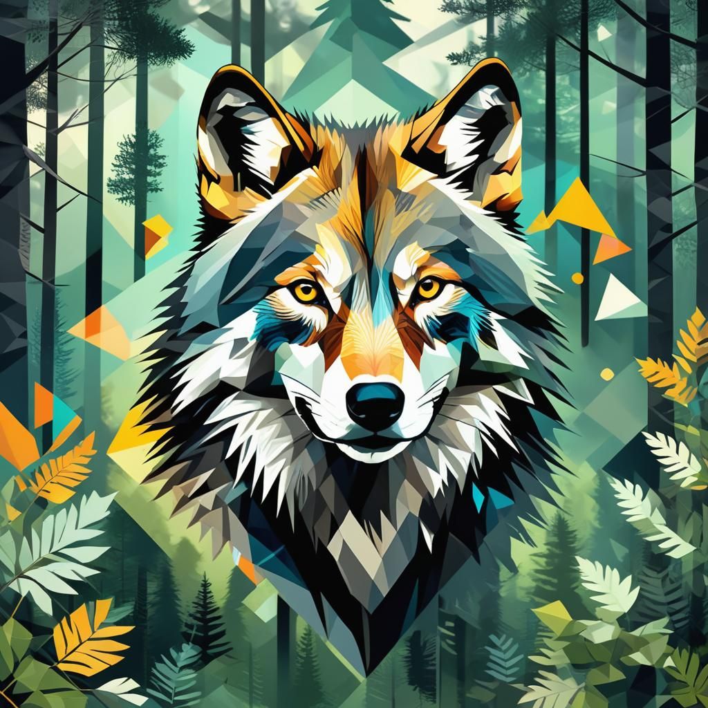 Realistic Wolf in Forest with Geometric Art