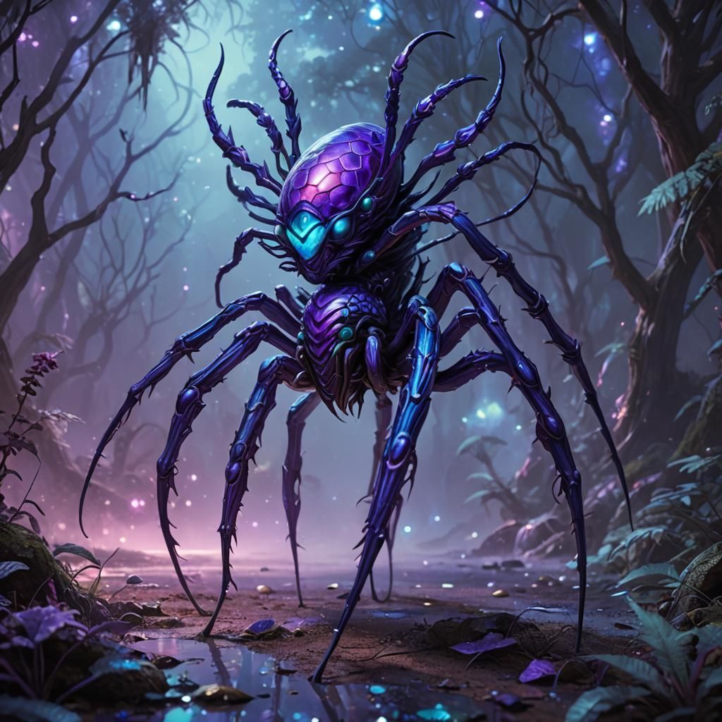Alien Spider Creature in a Bioluminescent Landscape