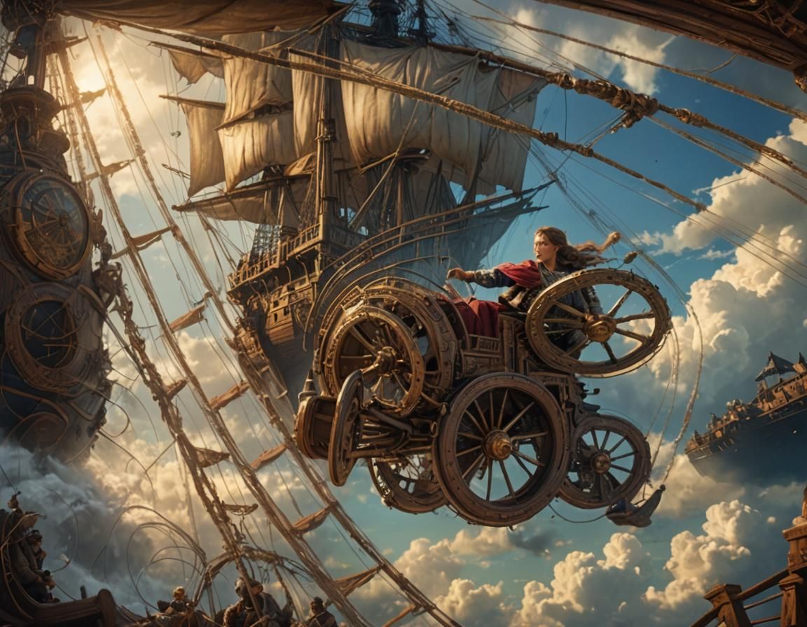 Woman Captains Sky Ship: Dark Fantasy Concept Art