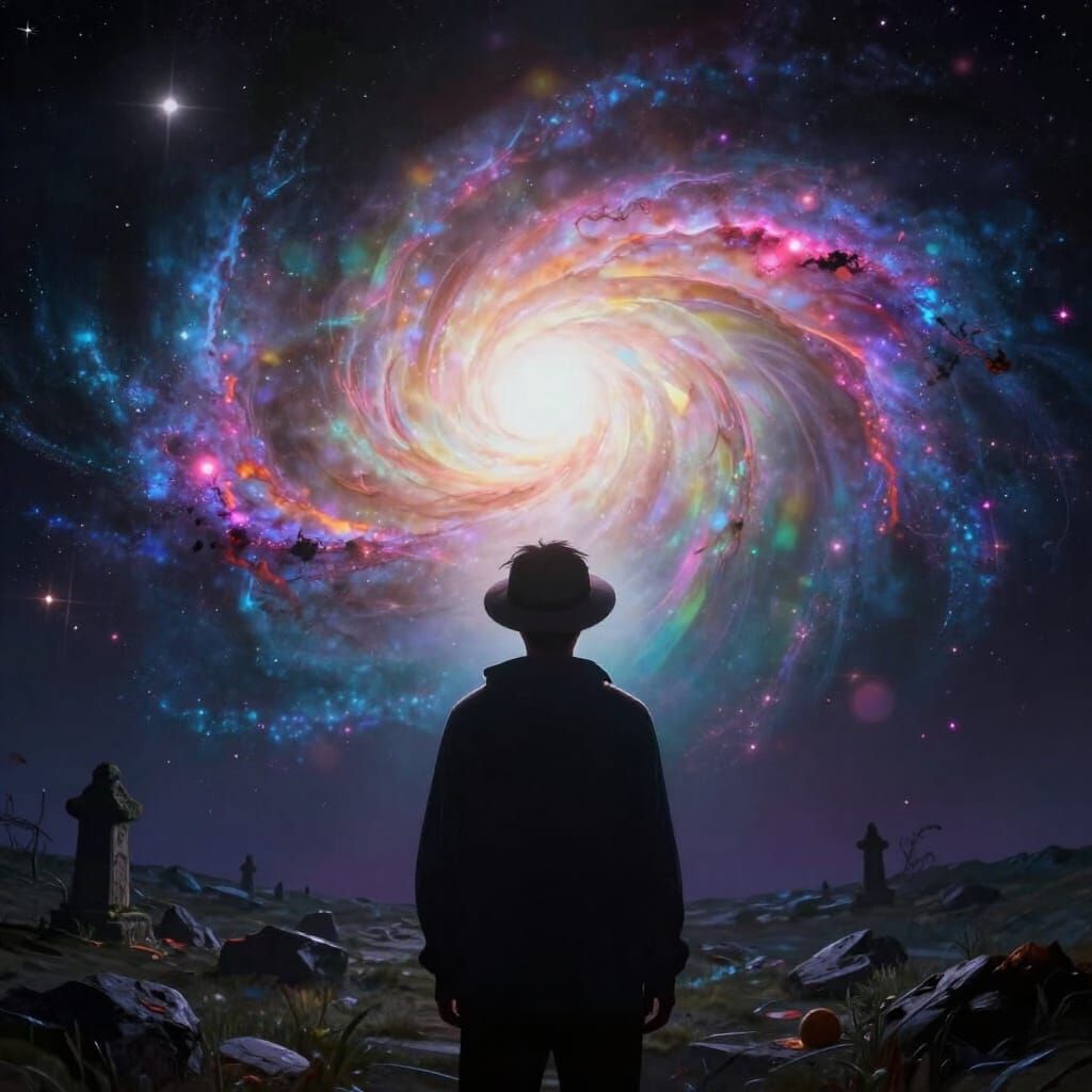 Figure Gazes at Luminous Galaxy in Magical Light