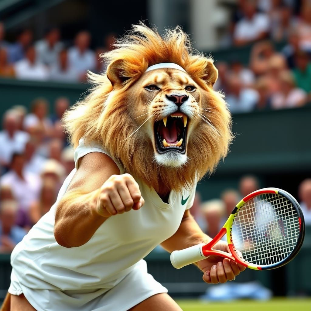 Lioness Serves at Wimbledon in Photorealistic Style