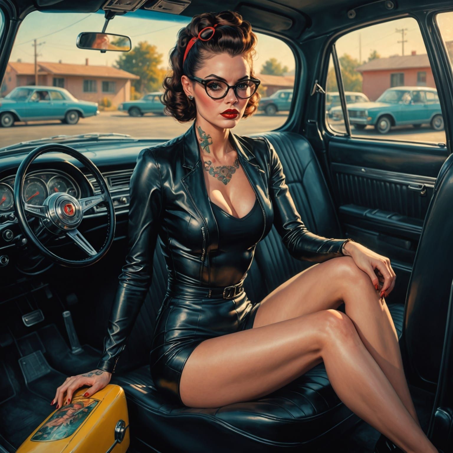 Hyperrealistic Pin-up Girl Hides Under Car Seat in Retro Sty...